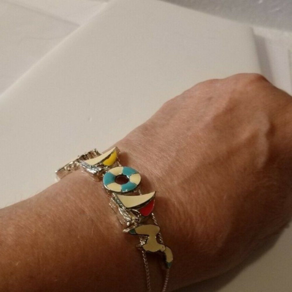 New Vintage Sailboats Slide Bracelet with Sliding Charms Silver Fold Over Clasp - Picture 4 of 10